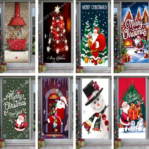 2024 Christmas Door Stickers Santa Claus Christmas Tree Cartoon PVC Flowers Merry Christmas New Year Holiday Home Decor