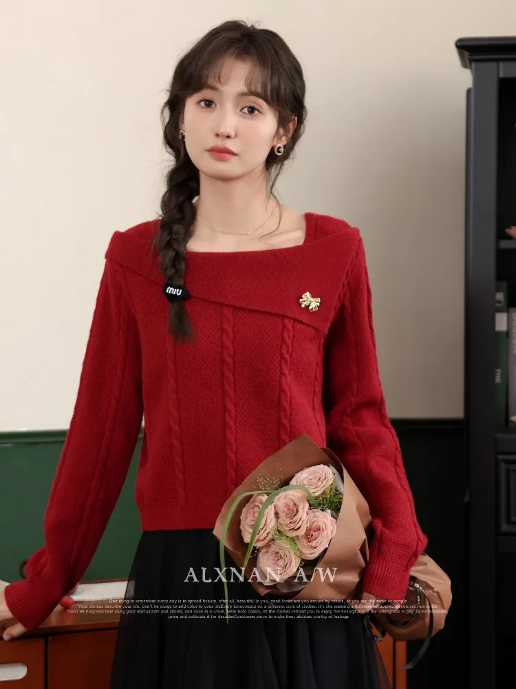 ALXNAN Red Women's Sweater Elegant Square Neck Metal Bow Loose-fit Pullover 2025 Autumn Winter New Long Sleeves Tops LXN329120
ALXNAN Red Women's Sweater Elegant Square Neck Metal Bow Loose-fit Pullover 2025 Autumn Winter New Long Sleeves Tops LXN329120