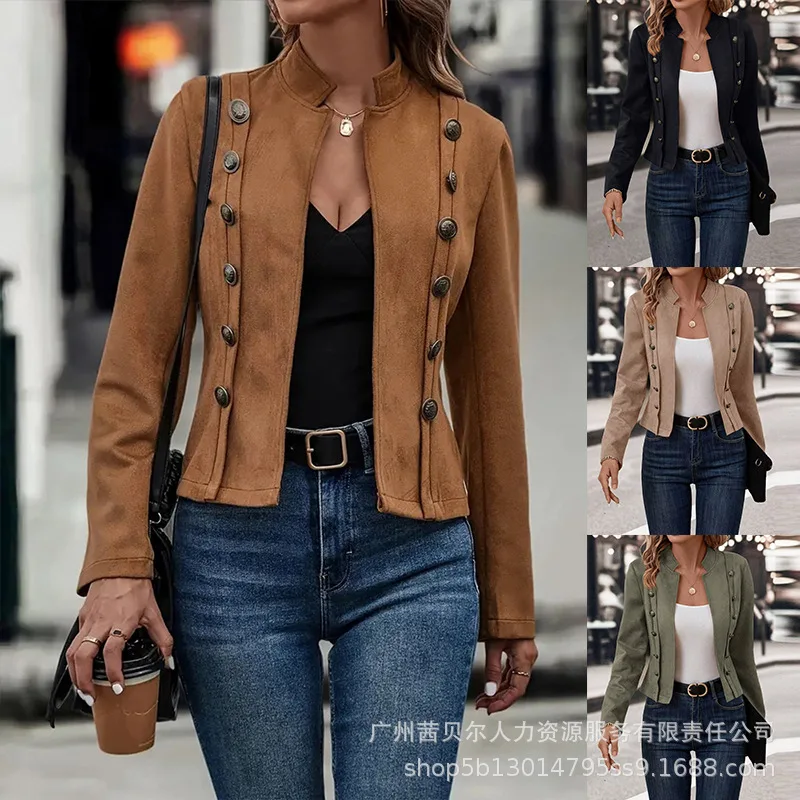 Faux Suede Stand Collar Jacket Open Front Button Decor Casual Coat Women Autumn Winter Long Sleeve Jacket
Faux Suede Stand Collar Jacket Open Front Button Decor Casual Coat Women Autumn Winter Long Sleeve Jacket