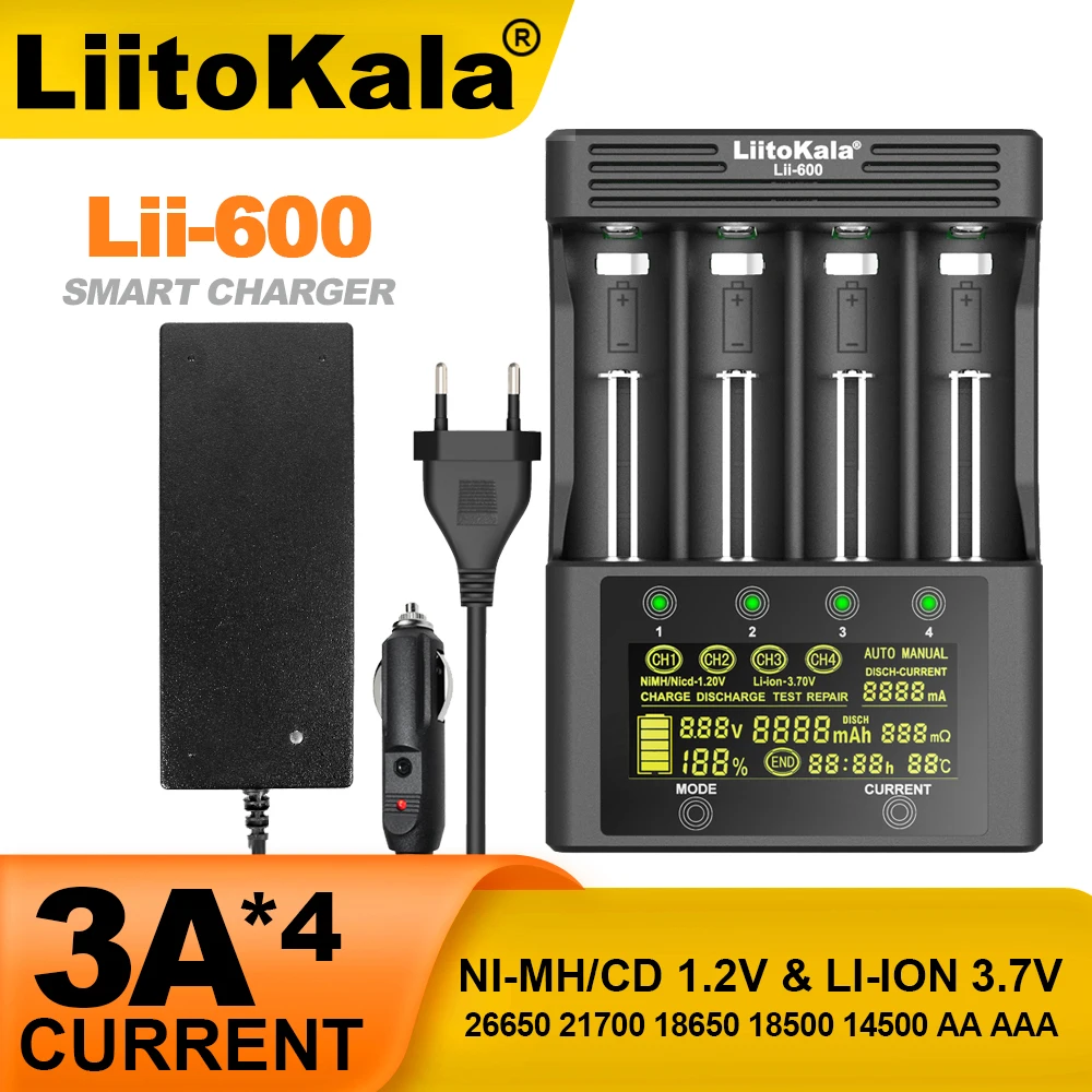 Зарядное устройство LiitoKala для батарей li-ion 3,7 V и NiMH 1,2 V, подходит для батарей 18650 26650 21700 26700 18500 AA AAA 12V 5A
Зарядное устройство LiitoKala для батарей li-ion 3,7 V и NiMH 1,2 V, подходит для батарей 18650 26650 21700 26700 18500 AA AAA 12V 5A