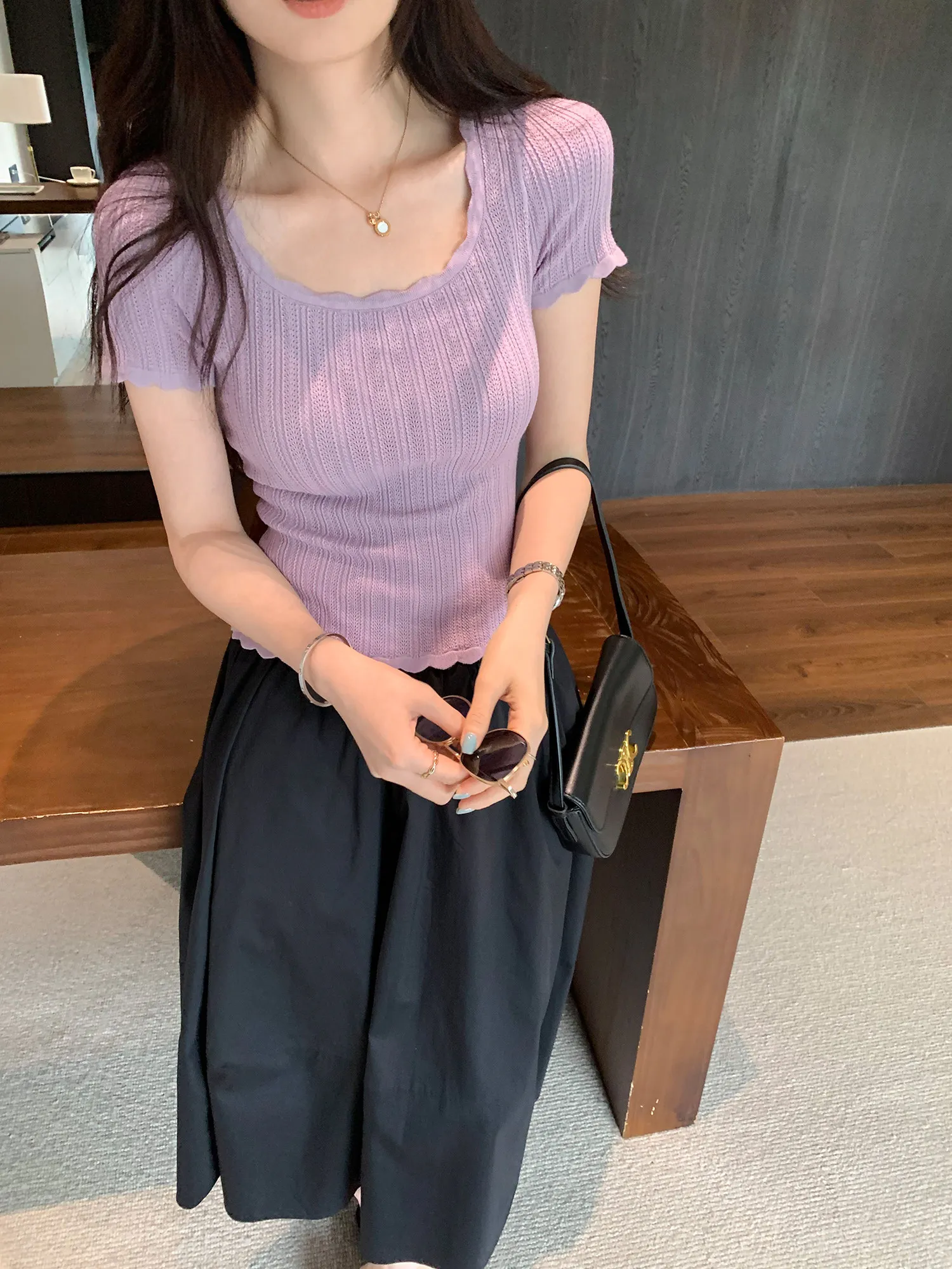 Pure Desire Gentle Style Short Sleeve Knitted Sweater Women's Summer Fashion Checkered Square Collar Flounce Anti-Aging Top
Pure Desire Gentle Style Short Sleeve Knitted Sweater Women's Summer Fashion Checkered Square Collar Flounce Anti-Aging Top