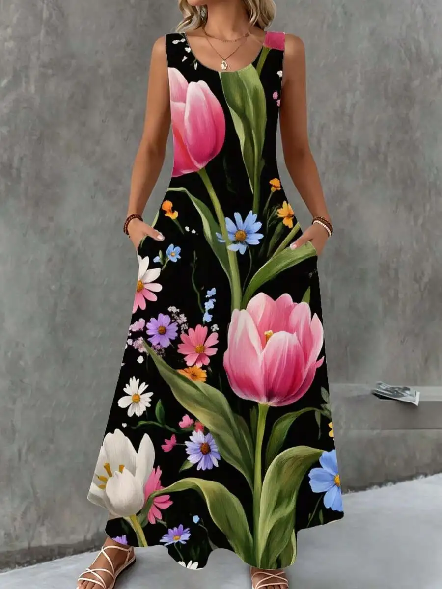 Floral Print Maxi Dress Black Pink Tulips Colorful Flowers Summer Beach Vacation Outfit
Floral Print Maxi Dress Black Pink Tulips Colorful Flowers Summer Beach Vacation Outfit