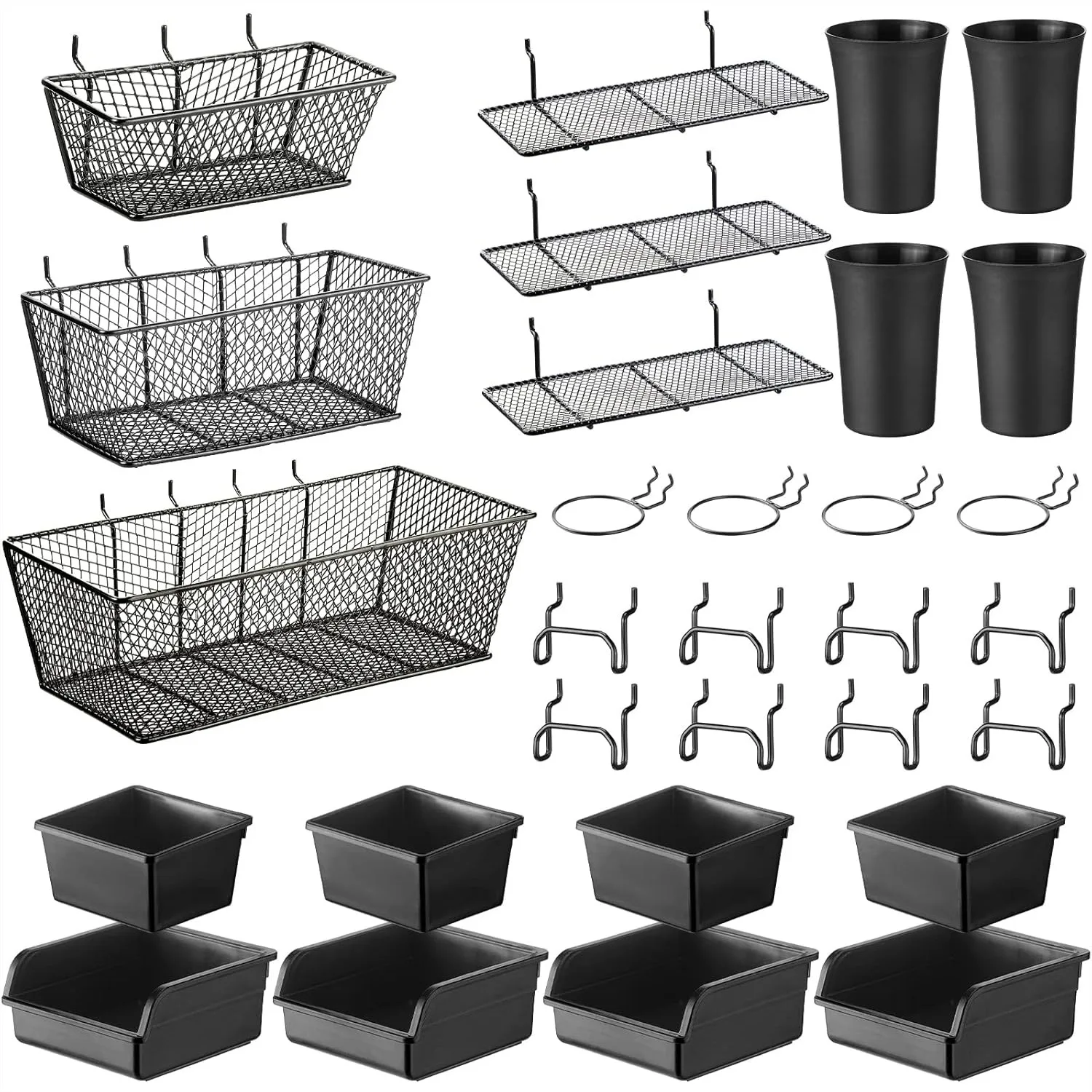 30 Pcs Pegboard Organizer Accessories Kit with Shelves, Baskets, Bins, Hooks, Cups for Garage Wall Storage, Black
30 Pcs Pegboard Organizer Accessories Kit with Shelves, Baskets, Bins, Hooks, Cups for Garage Wall Storage, Black