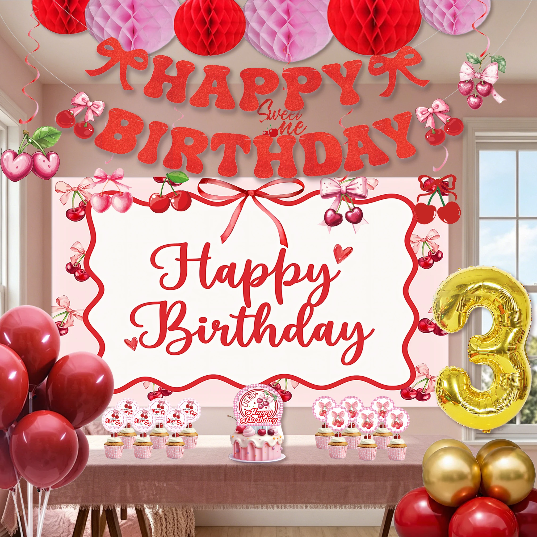 Cherry Themed Children's Birthday Party Supplies Girl Party Decoration Set Pink Banner Sling Number Balloon Sling CakeDecoration
Cherry Themed Children's Birthday Party Supplies Girl Party Decoration Set Pink Banner Sling Number Balloon Sling CakeDecoration