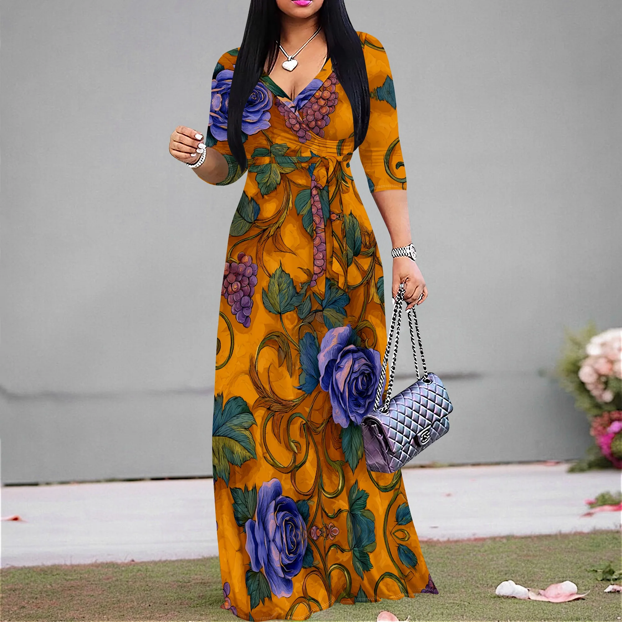Golden Floral & Grape Print Maxi Dress S-3XL V-Neck Belted for Garden Party, Spring Brunch or Wedding Guest Look
Golden Floral & Grape Print Maxi Dress S-3XL V-Neck Belted for Garden Party, Spring Brunch or Wedding Guest Look