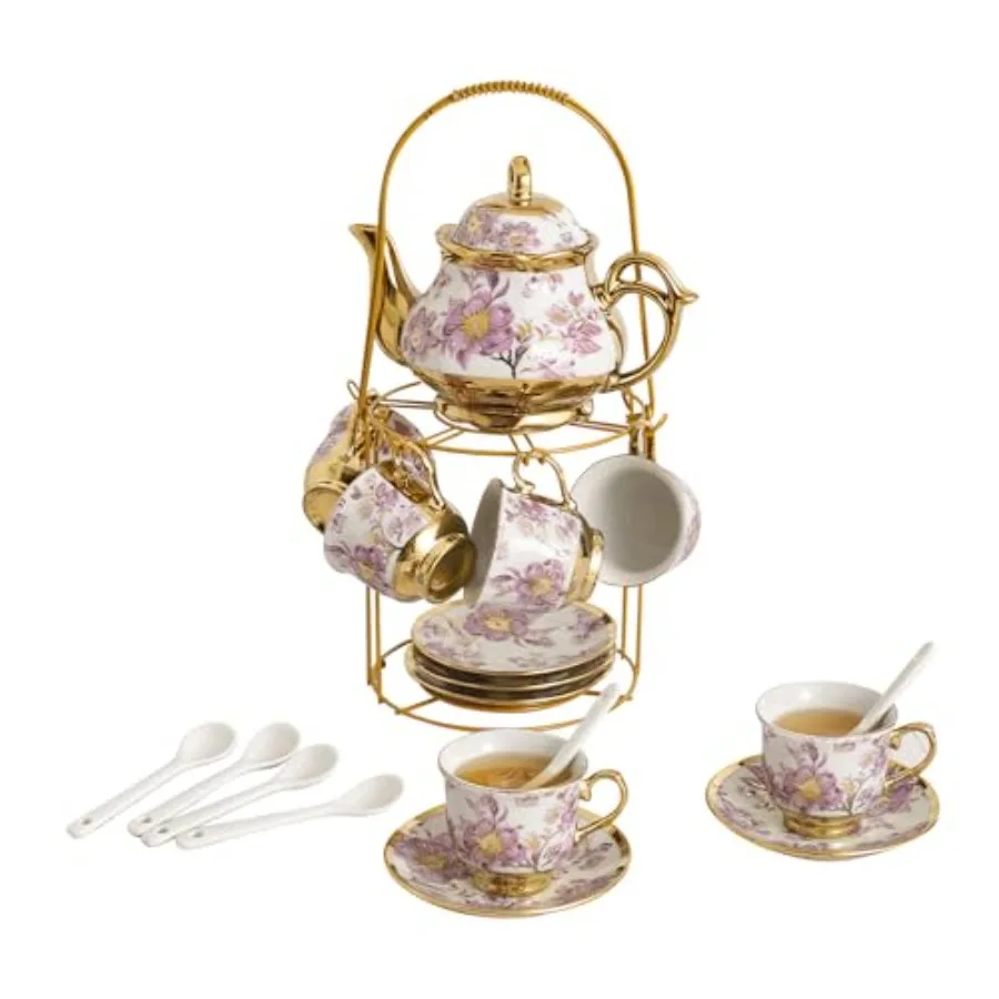 20Pcs Porcelain Tea Set with Metal Holder, European Ceramic Tea Set for Adults, Flower Ceramic Tea Cups 3oz , Teapot (15oz), an
20Pcs Porcelain Tea Set with Metal Holder, European Ceramic Tea Set for Adults, Flower Ceramic Tea Cups 3oz , Teapot (15oz), an