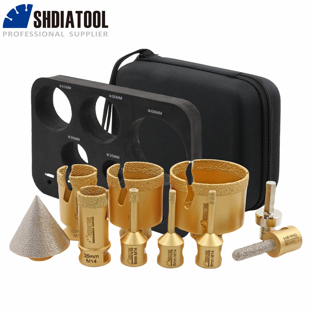 SHDIATOOL 10Pcs 6/6/8/25/35/50/68mm Diamond Drill Bits+10mm Milling Bits+50mm Chamfer Bit+Hex Adapter Drilling Granite Core Bits
SHDIATOOL 10Pcs 6/6/8/25/35/50/68mm Diamond Drill Bits+10mm Milling Bits+50mm Chamfer Bit+Hex Adapter Drilling Granite Core Bits