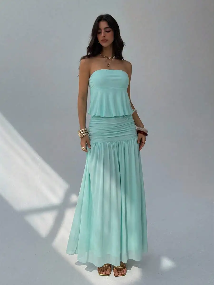 Womens Strapless Ruched Waist A-Line Maxi Dress Solid Mint Blue For Summer Vacation Date
Womens Strapless Ruched Waist A-Line Maxi Dress Solid Mint Blue For Summer Vacation Date