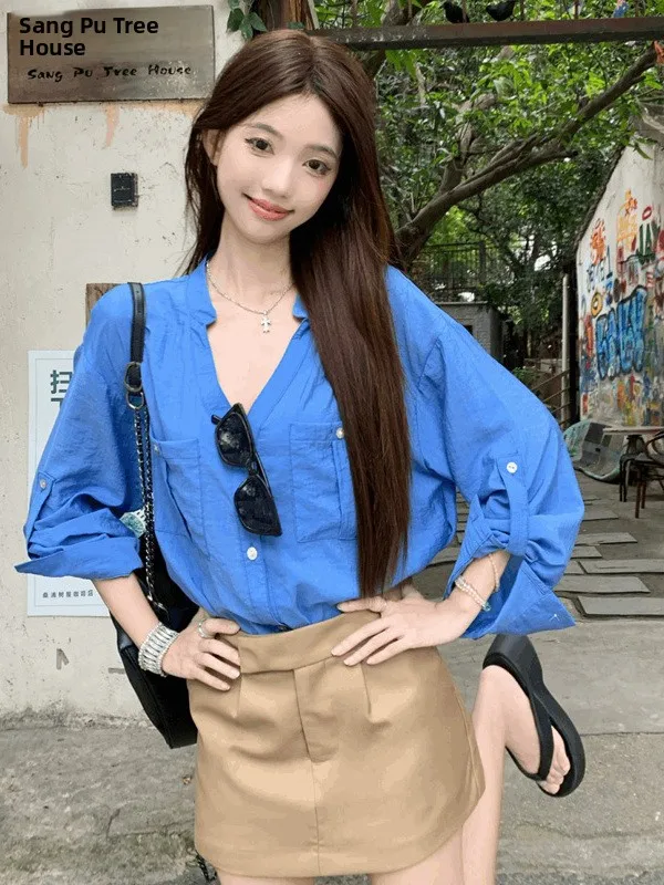 Loose Long Sleeve Blue Shirt Women's Fashion Design Summer New Style Button up Casual Commute Wind Stand Collar Top
Loose Long Sleeve Blue Shirt Women's Fashion Design Summer New Style Button up Casual Commute Wind Stand Collar Top