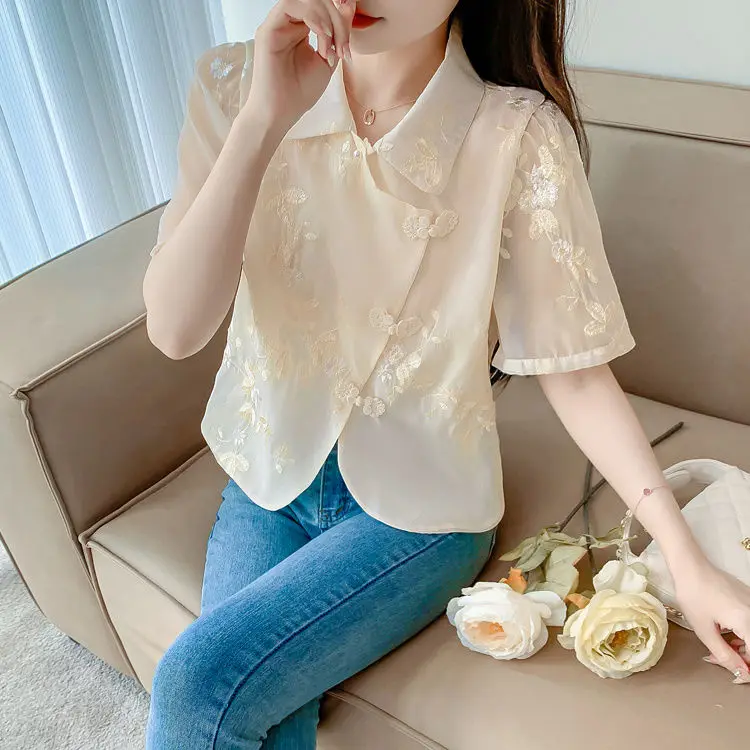New Chinese Style Collar Short Sleeve Shirt Women Summer Disk Button Unique Top 
New Chinese Style Collar Short Sleeve Shirt Women Summer Disk Button Unique Top