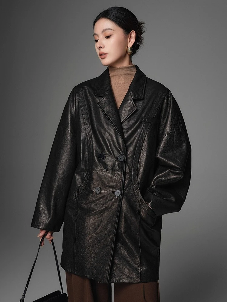 Mid-length Genuine Leather Blazer Jackets for Women Spring Autumn High-end Simple Soft Black Oil Wax Real Goatskin Leather Coat
Mid-length Genuine Leather Blazer Jackets for Women Spring Autumn High-end Simple Soft Black Oil Wax Real Goatskin Leather Coat