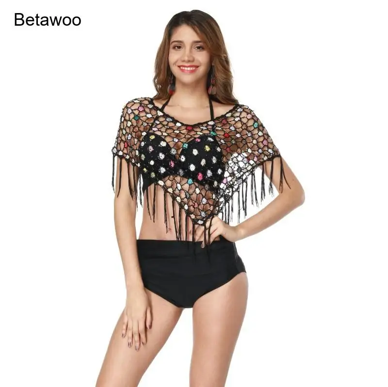 Womens Sequin Fringe Crochet Poncho Mesh Cover Up Top for Festival Rave and Summer Vacation
Womens Sequin Fringe Crochet Poncho Mesh Cover Up Top for Festival Rave and Summer Vacation