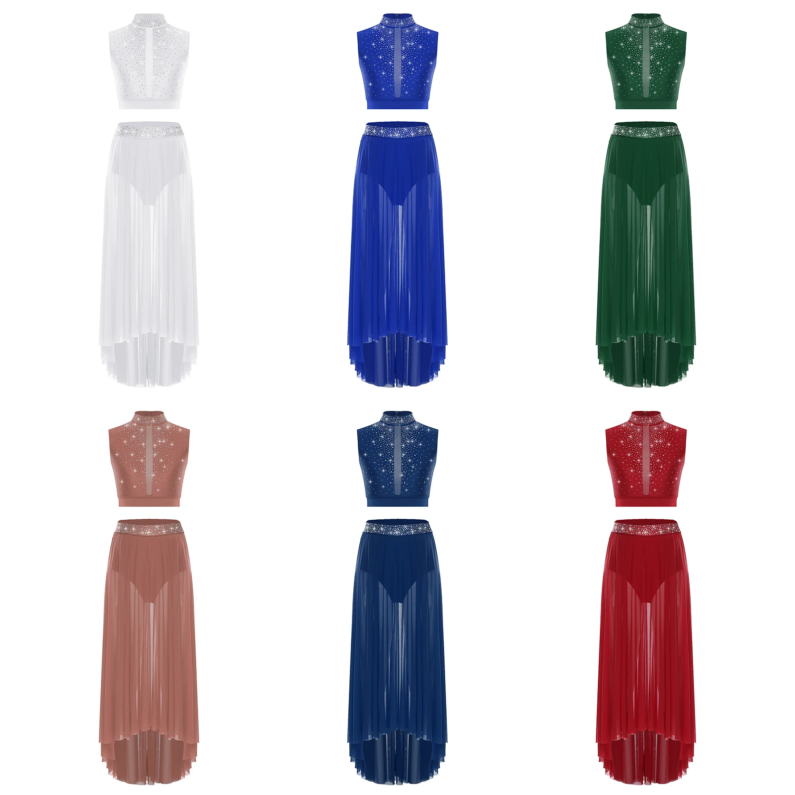 Sleeveless Contemporary Lyrical Dance Outfits for Womens Rhinestones Crop Top+High-Low Mesh Skirt Ballet Skating Dancewear Sets
Sleeveless Contemporary Lyrical Dance Outfits for Womens Rhinestones Crop Top+High-Low Mesh Skirt Ballet Skating Dancewear Sets