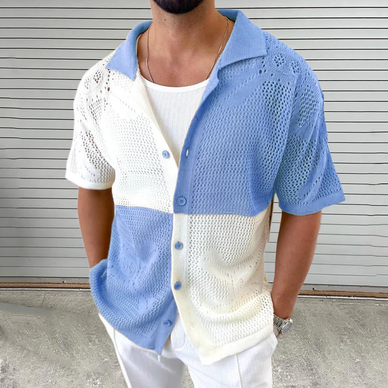 Vintage Contrast Color Hollow Out Knit Shirt Men Summer Casual Short Sleeve Button-up Lapel Knitted Mens Shirts Fashion Cardigan
Vintage Contrast Color Hollow Out Knit Shirt Men Summer Casual Short Sleeve Button-up Lapel Knitted Mens Shirts Fashion Cardigan