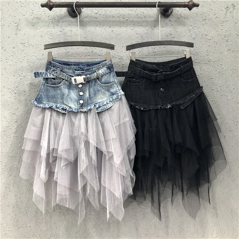 Asymmetrical Denim Jeans Tulle Skirts Womens High Waist Long Mesh Pleated Midi Y2K Gothic Skirt with Pockets Belt Tutu Jupe 2024
Asymmetrical Denim Jeans Tulle Skirts Womens High Waist Long Mesh Pleated Midi Y2K Gothic Skirt with Pockets Belt Tutu Jupe 2024