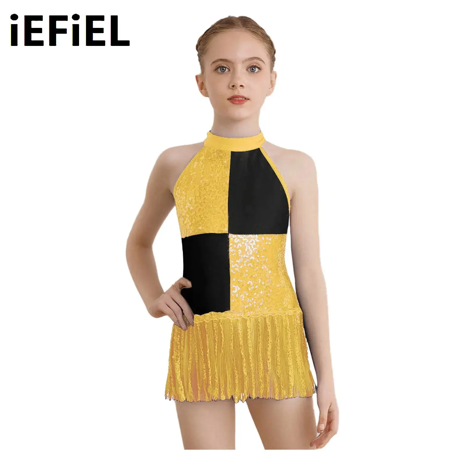 Kids Girls Latin Dance Dress Color Block Costume Shiny Sequins Tassel Halter Sleeveless Backless Leotard Dress
Kids Girls Latin Dance Dress Color Block Costume Shiny Sequins Tassel Halter Sleeveless Backless Leotard Dress