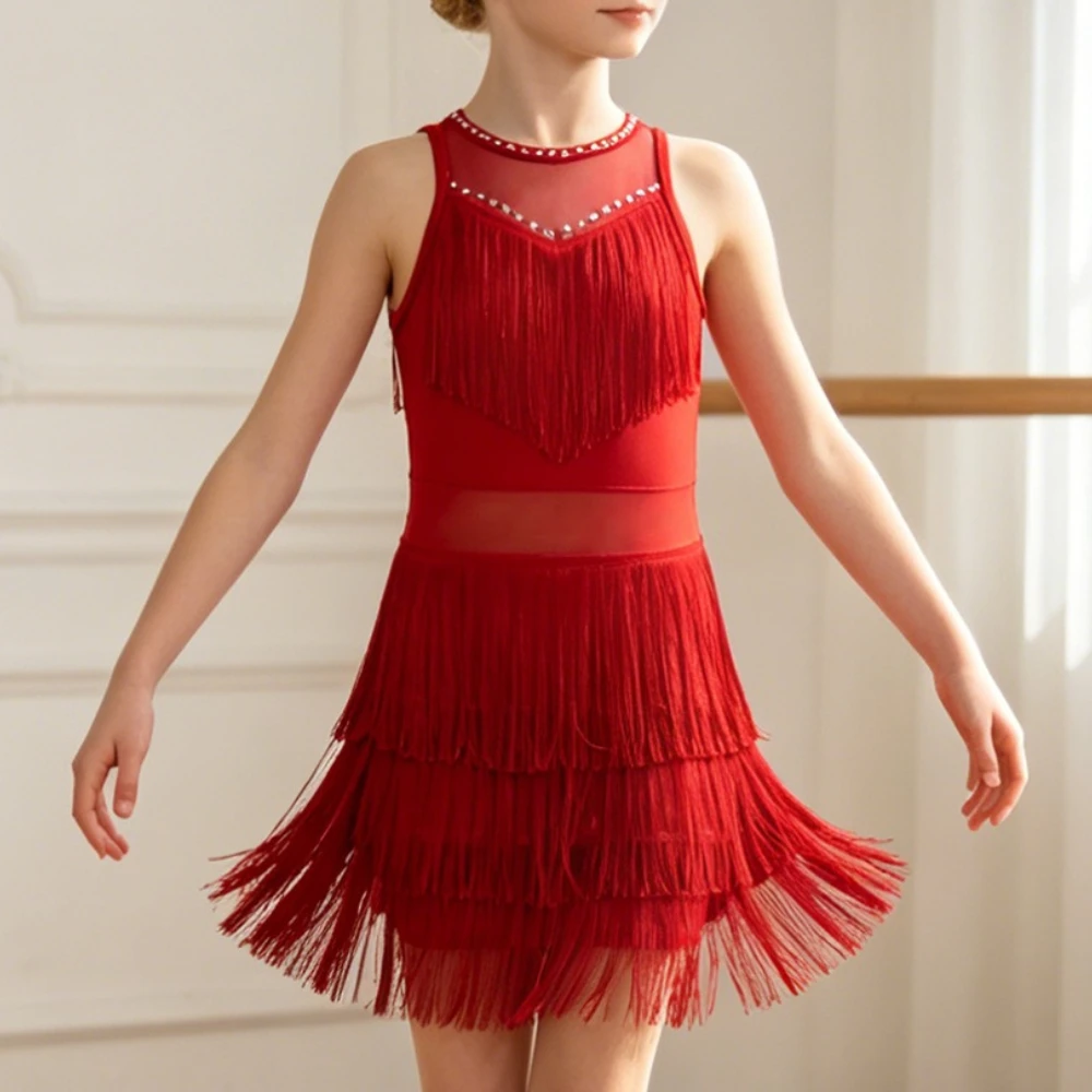 Kids Girls Latin Dance Dress Sheer Mesh Patchwork Tiered Tassel Fringed Dresses Competition Ballroom Samba Tango Dancewear
Kids Girls Latin Dance Dress Sheer Mesh Patchwork Tiered Tassel Fringed Dresses Competition Ballroom Samba Tango Dancewear
