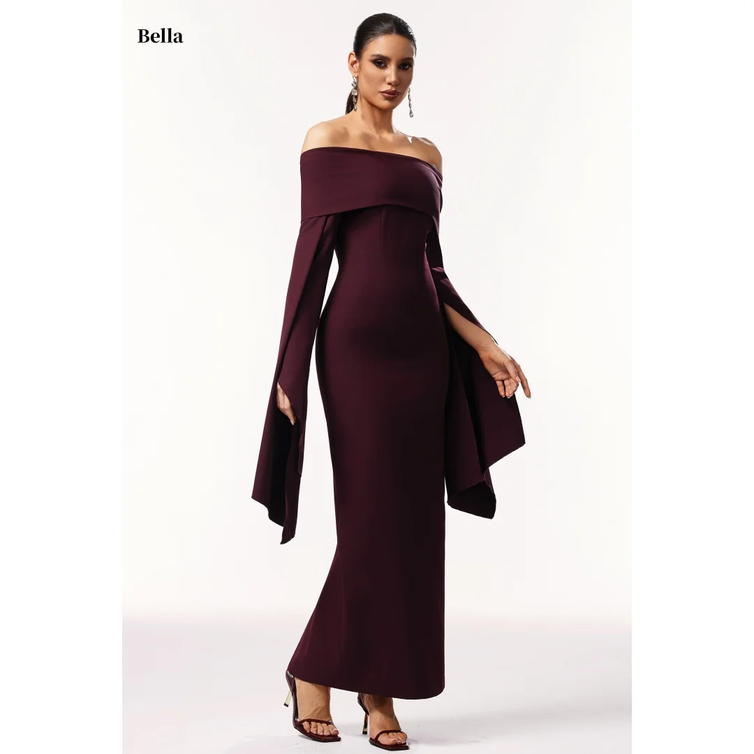 Bella Customized Burgundy Off Shoulder Prom Dress with Cape Sleeves and Form Fitting Mermaid Silhouette robes de soirée 2026
Bella Customized Burgundy Off Shoulder Prom Dress with Cape Sleeves and Form Fitting Mermaid Silhouette robes de soirée 2026