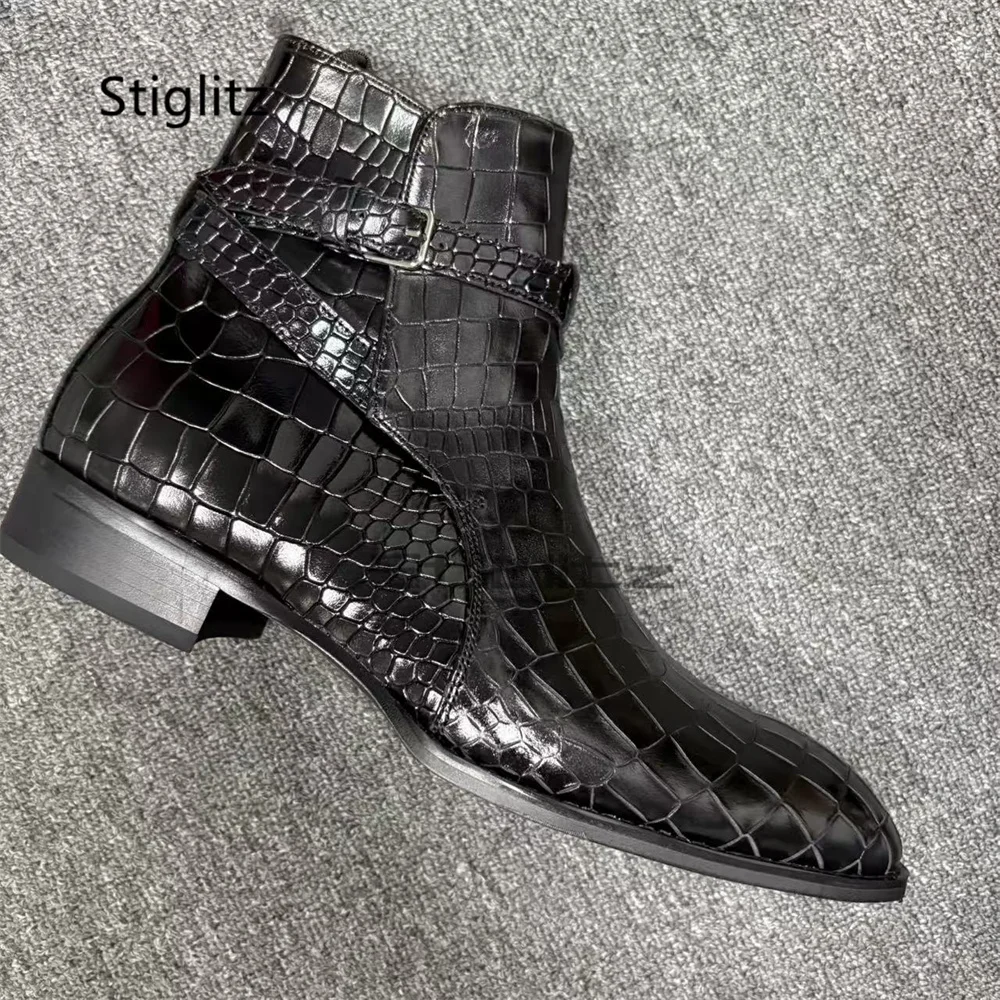 Black Crocodile Print Genuine Leather Ankle Boots for Men Belt Buckle Pointed Toe Low Heel Chelsea Boots Party Business Shoes
Black Crocodile Print Genuine Leather Ankle Boots for Men Belt Buckle Pointed Toe Low Heel Chelsea Boots Party Business Shoes