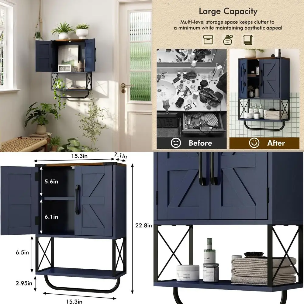 Rustic Barn Door Medicine Cabinet, Wall-Mounted Storage with Dark Brown Top, Adjustable Shelf, Towel Bar, 3-Tier Navy Blue Bathr
Rustic Barn Door Medicine Cabinet, Wall-Mounted Storage with Dark Brown Top, Adjustable Shelf, Towel Bar, 3-Tier Navy Blue Bathr