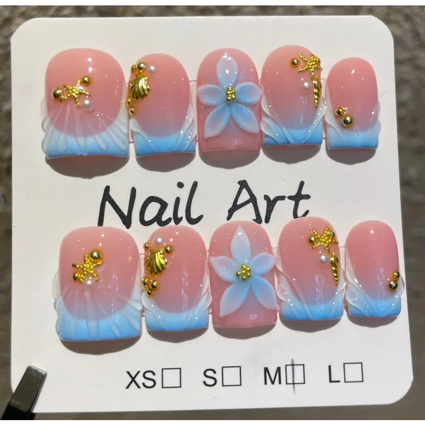 10pcs Short Blue French Square Handmade Press on Nails 3D Flower False Nails with Golden Decorations Summer Fake Nail Uñas 네일팁
10pcs Short Blue French Square Handmade Press on Nails 3D Flower False Nails with Golden Decorations Summer Fake Nail Uñas 네일팁