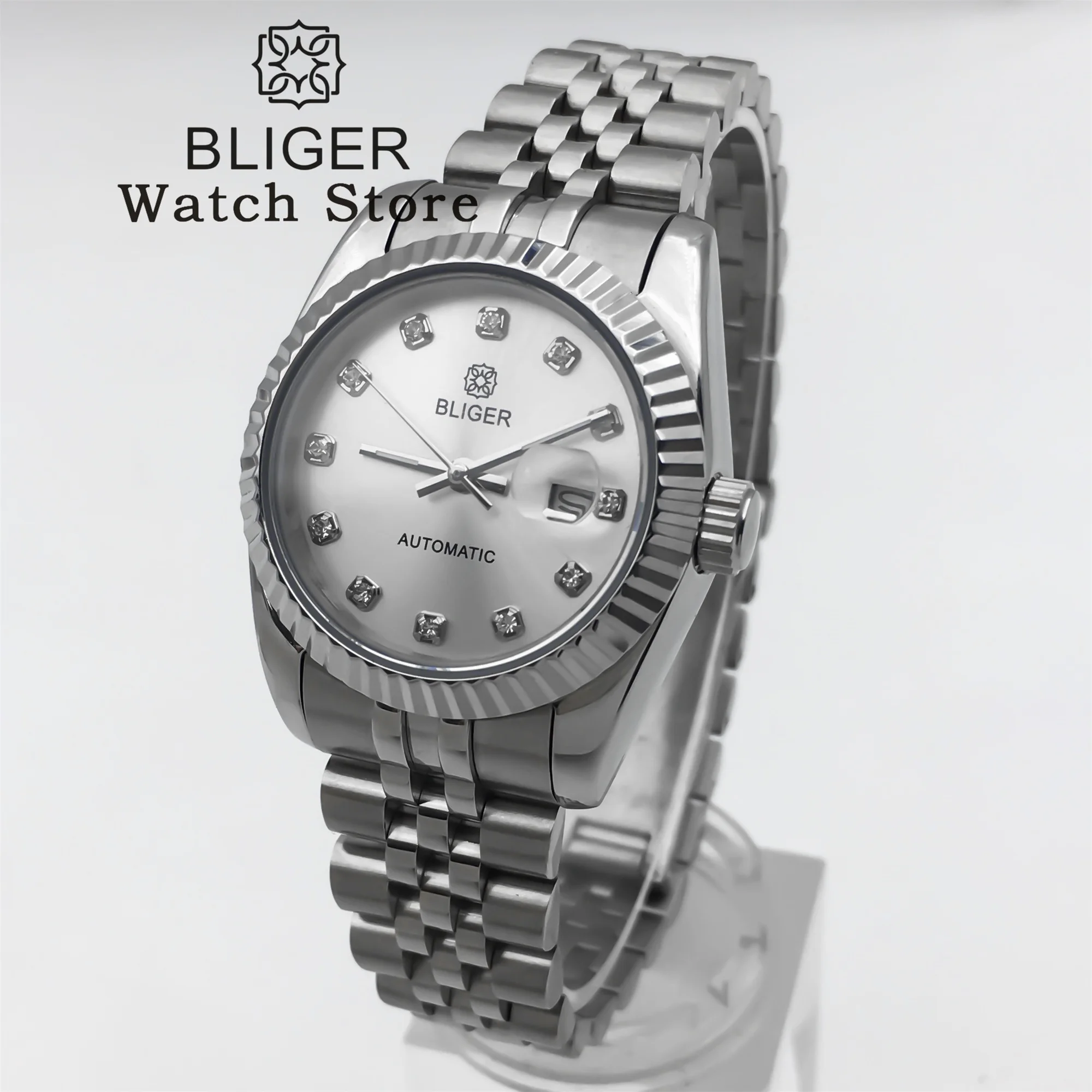 BLIGER 31mm Women Automatic Watch Stainless steel Bracelet Sapphire Glass White Mother Pearl Dial Diamond index Waterproof Watch
BLIGER 31mm Women Automatic Watch Stainless steel Bracelet Sapphire Glass White Mother Pearl Dial Diamond index Waterproof Watch