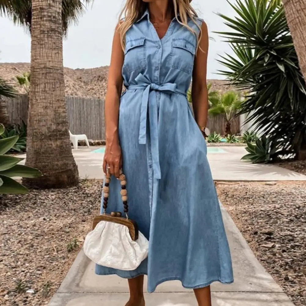 Summer Dress Women Casual Turn-Down Collar Sleeveless Solid Color Single Breasted Belted Denim Dresses for women 2022 Vestidos
Summer Dress Women Casual Turn-Down Collar Sleeveless Solid Color Single Breasted Belted Denim Dresses for women 2022 Vestidos