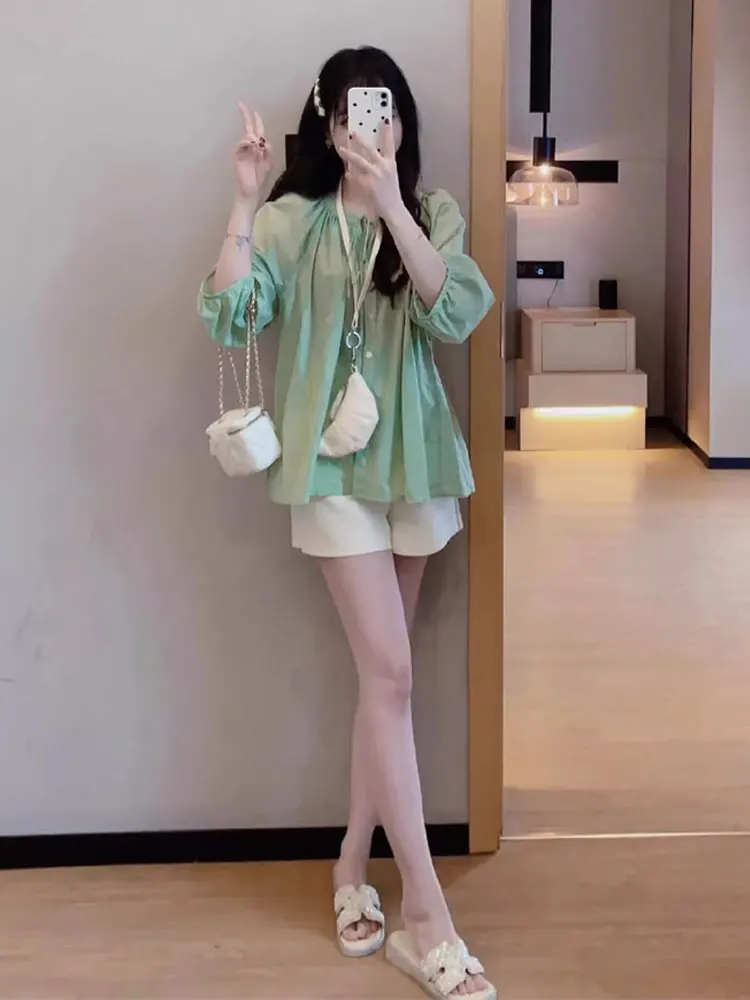 Dopamine Green Chiffon Casual Shirt Women Summer plus Size Cover up Slimming Wide Leg Pants Set High Waist Korean Style
Dopamine Green Chiffon Casual Shirt Women Summer plus Size Cover up Slimming Wide Leg Pants Set High Waist Korean Style