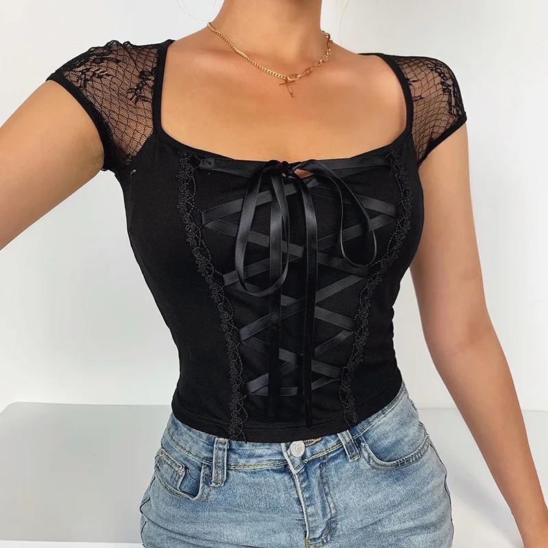 Vintage Tops Goth T-shirt Women Bodycon Bandage Lace Black T-shirts Gothic Streetwear Sexy Female Top Casual Mesh Tee
Vintage Tops Goth T-shirt Women Bodycon Bandage Lace Black T-shirts Gothic Streetwear Sexy Female Top Casual Mesh Tee