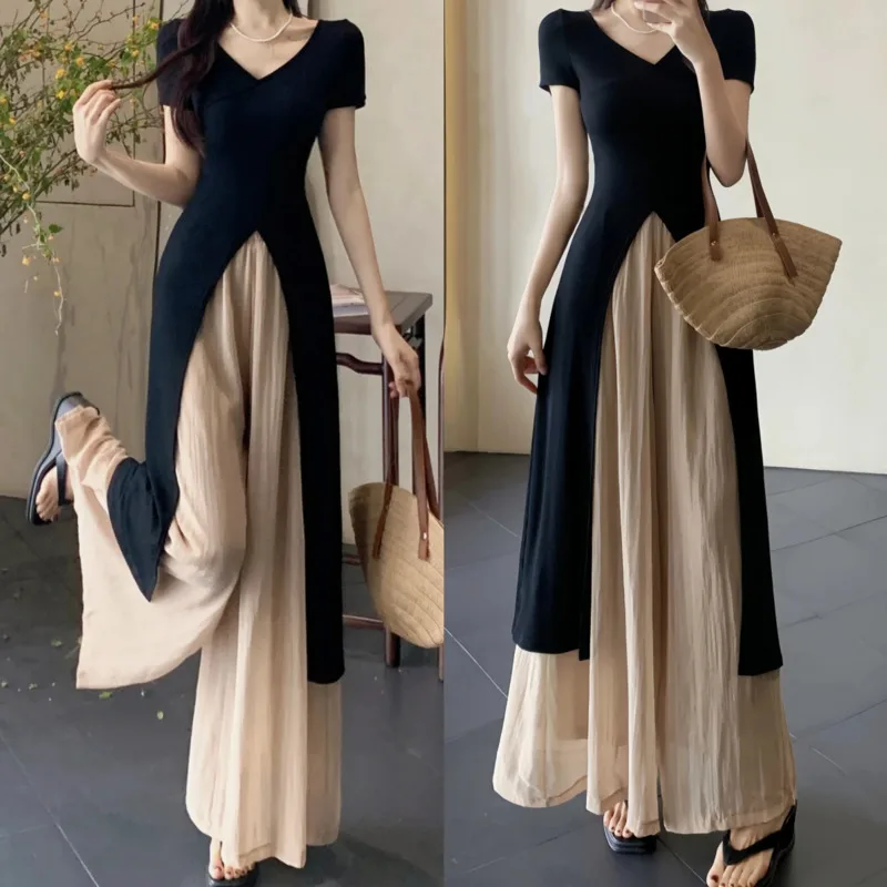 Elegant Dresses Sets For Women Slim Fit Vintage Style V-Neck Short Sleeve Forking Long Top Mid Waist Long Skirts Solid 2pcs Suit
Elegant Dresses Sets For Women Slim Fit Vintage Style V-Neck Short Sleeve Forking Long Top Mid Waist Long Skirts Solid 2pcs Suit