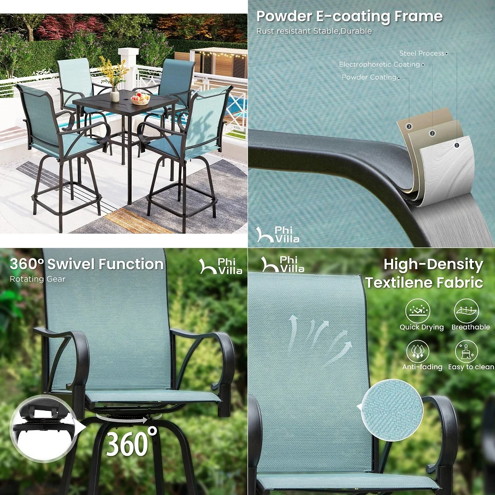 Outdoor Swivel Bar Stools Set for 4, Metal Patio Bar Table and Chairs Set with Teal Textilene Fabric for Outside
Outdoor Swivel Bar Stools Set for 4, Metal Patio Bar Table and Chairs Set with Teal Textilene Fabric for Outside