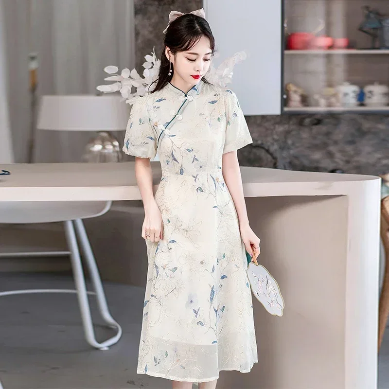 Stand Collar High Waist Chinese Traditional Qipao Dress Summer New Embroidered Printed Chiffon Cheongsam for Women
Stand Collar High Waist Chinese Traditional Qipao Dress Summer New Embroidered Printed Chiffon Cheongsam for Women