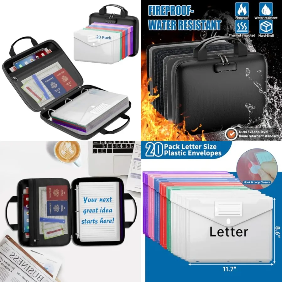 Binder Folders Organizer with 20 Pack Heavyweight Plastic Pockets, Fireproof File Folder Box with Lock, Zipper Binder Bag for I
Binder Folders Organizer with 20 Pack Heavyweight Plastic Pockets, Fireproof File Folder Box with Lock, Zipper Binder Bag for I