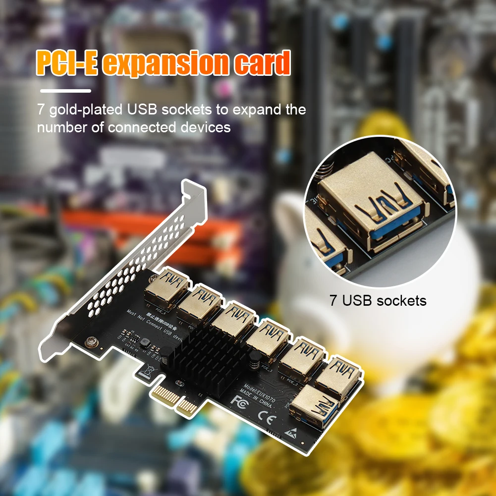 PCI-E 1x 1 to 7 Riser Card Adapter PCI-Express USB 3.0 Converter for BTC Mining
PCI-E 1x 1 to 7 Riser Card Adapter PCI-Express USB 3.0 Converter for BTC Mining