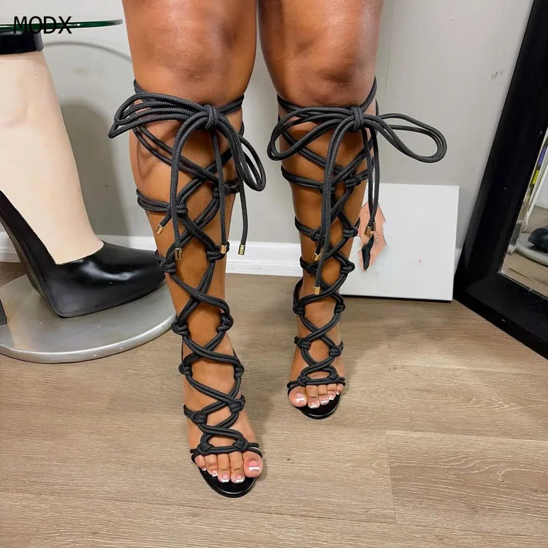 Women Black Thick Rope Lace Up Gladiator Knee High Sandals, Open Toe Self Tie Wrap Knot Thin Stiletto High Heel Hollow Sandals
Women Black Thick Rope Lace Up Gladiator Knee High Sandals, Open Toe Self Tie Wrap Knot Thin Stiletto High Heel Hollow Sandals