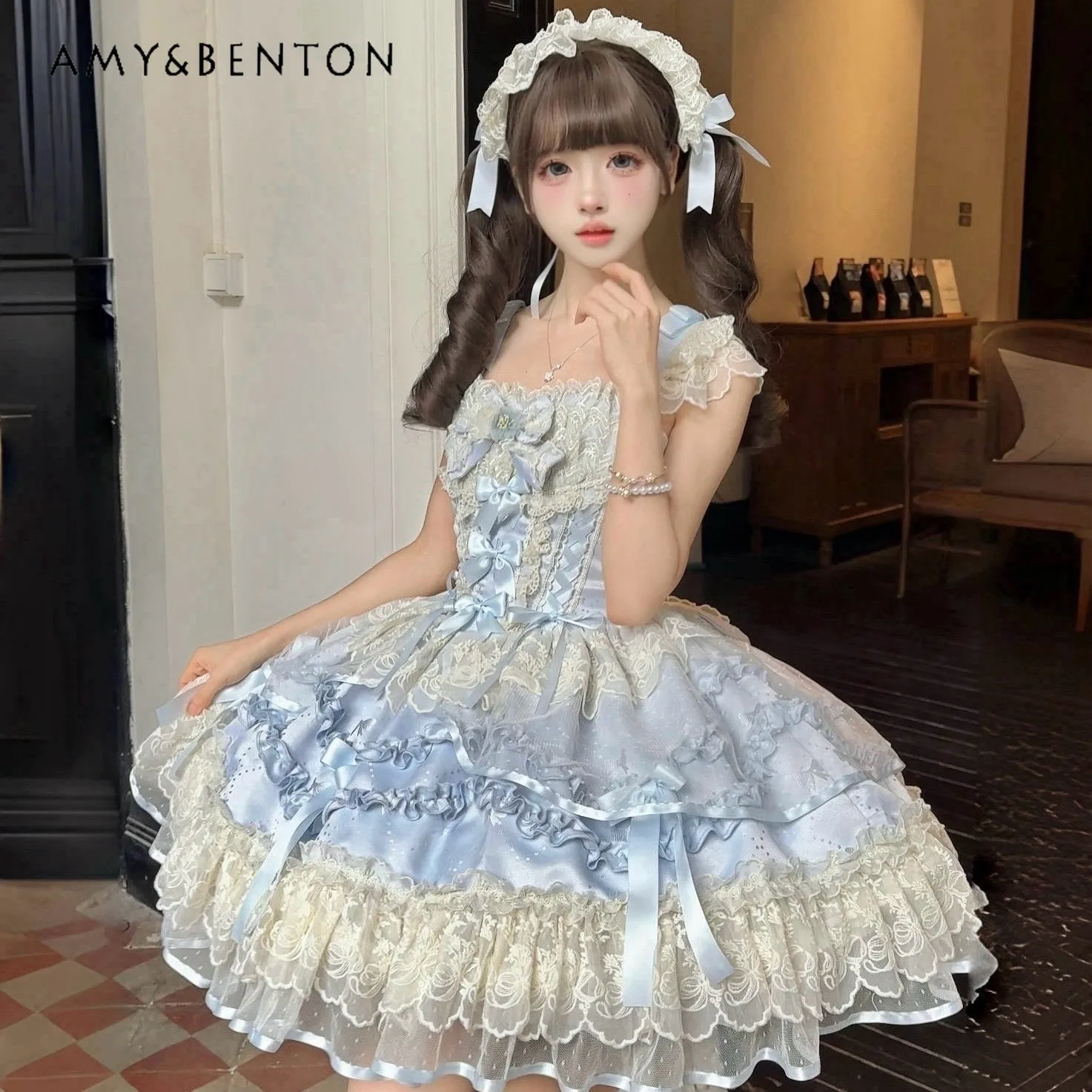 Women Summer Elegant Banquet Lolita Dress Pink Blue Short Sleeve High Waist Slim Dress with Bow Trailing Hairband Full Set
Women Summer Elegant Banquet Lolita Dress Pink Blue Short Sleeve High Waist Slim Dress with Bow Trailing Hairband Full Set