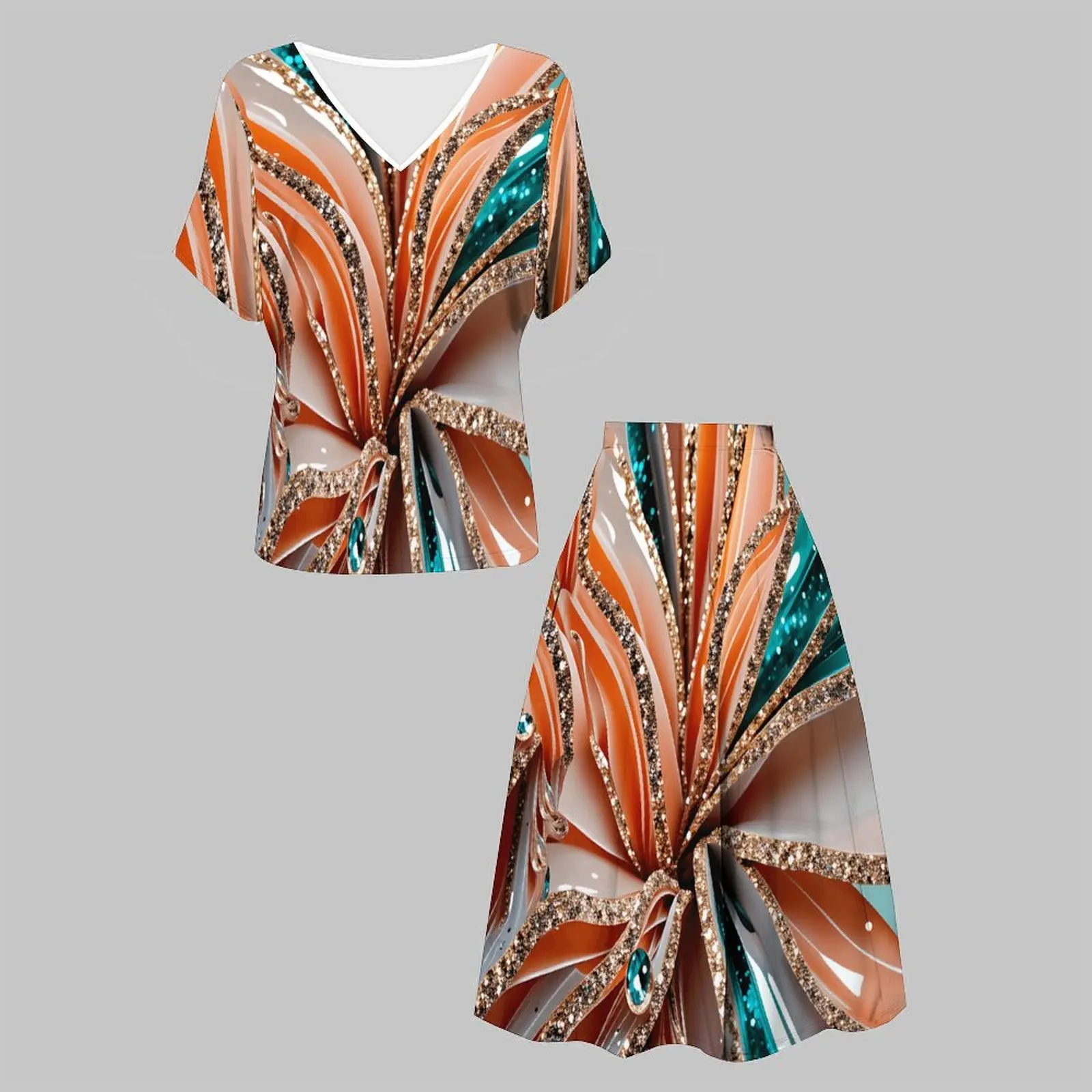 Women V Neck Short Sleeve Two Piece Set Printed Top Elegance Midi Skirt Casual T-shirt Set Daily Fashion Wear
Women V Neck Short Sleeve Two Piece Set Printed Top Elegance Midi Skirt Casual T-shirt Set Daily Fashion Wear