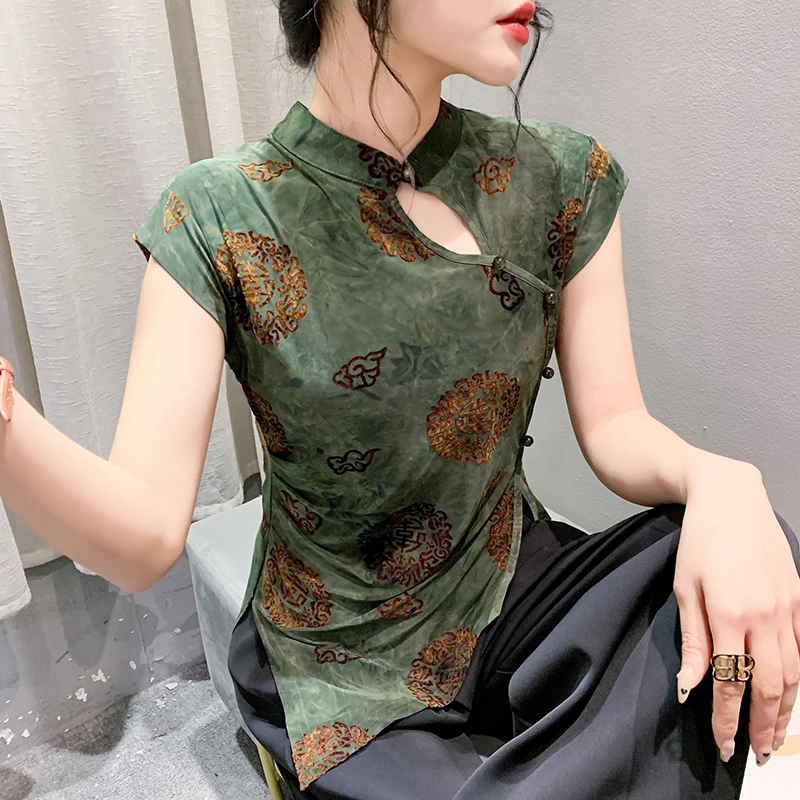 2024 New Summer Vintage Style T-Shirt Sexy Stand Hollow Out Cheongsam Buckle Irregular Pattern Tops Women Short Sleeve Tees 4301
2024 New Summer Vintage Style T-Shirt Sexy Stand Hollow Out Cheongsam Buckle Irregular Pattern Tops Women Short Sleeve Tees 4301