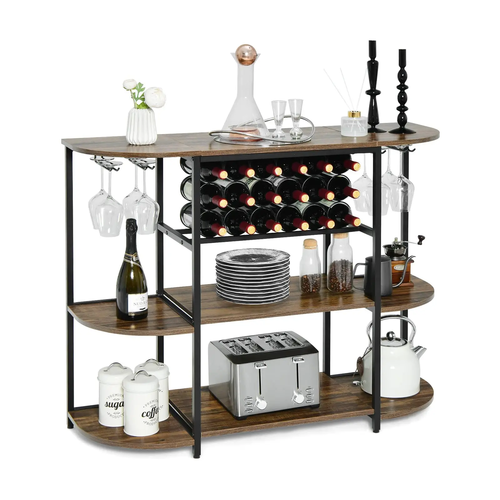 Brown 47-Inch Multi-Functional Wine Bar Station With 18-Bottle Rack, Hanging Glass Holders, And Three Storage Shelves For
Brown 47-Inch Multi-Functional Wine Bar Station With 18-Bottle Rack, Hanging Glass Holders, And Three Storage Shelves For