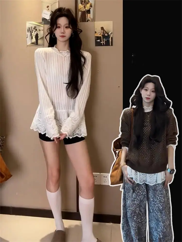 Корейская трикотажная кофта с длинным рукавом и кружевными вставками, с высоким воротником, для женщин, на раннюю осень, базовая, универсальная, для ношения под одеждой.
Корейская трикотажная кофта с длинным рукавом и кружевными вставками, с высоким воротником, для женщин, на раннюю осень, базовая, универсальная, для ношения под одеждой.