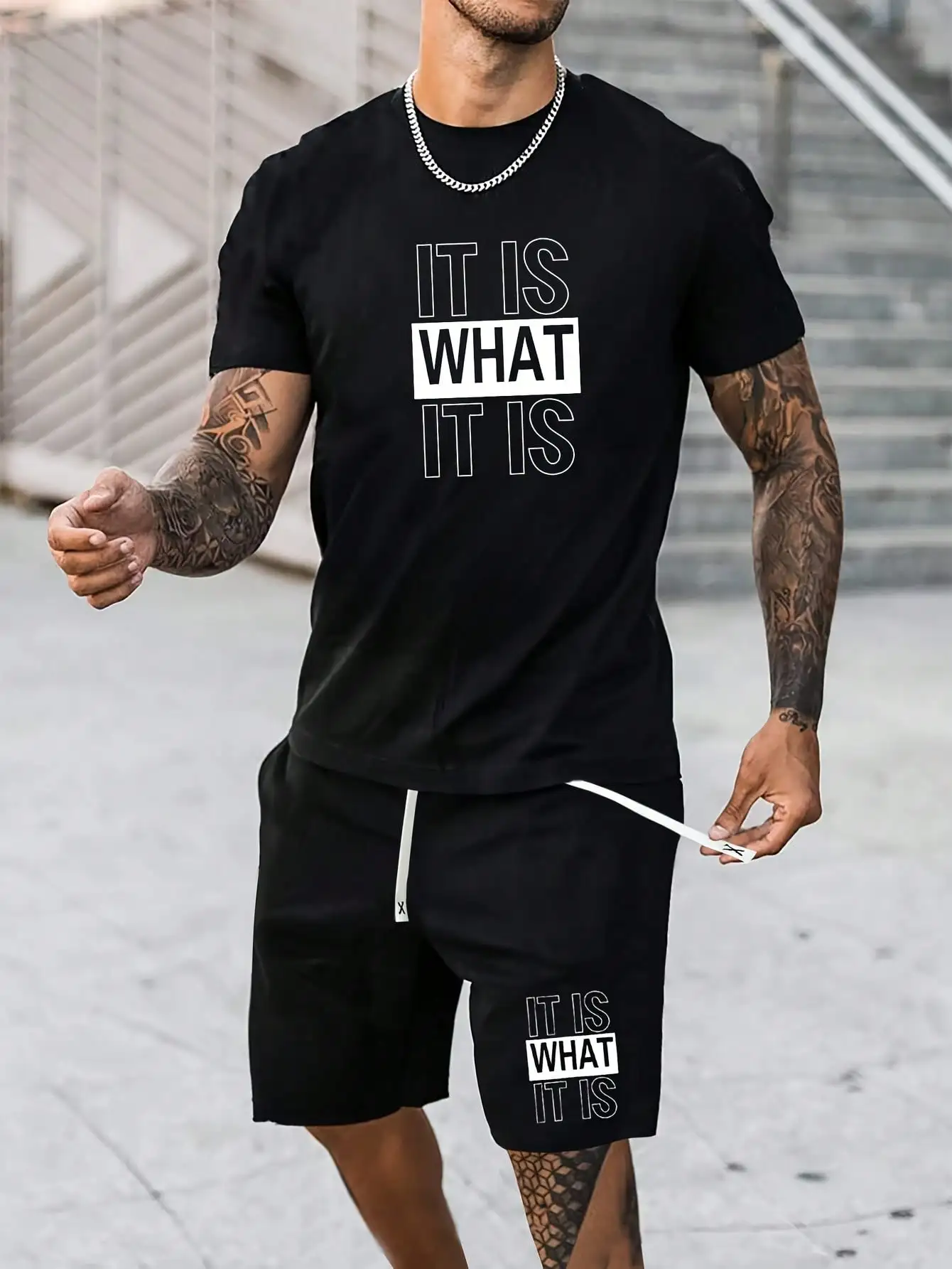 Men's Black Graphic Print T-Shirt and Shorts Set, Casual Round Neck Short Sleeve Top with Drawstring Waist
Men's Black Graphic Print T-Shirt and Shorts Set, Casual Round Neck Short Sleeve Top with Drawstring Waist