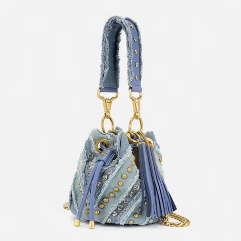 Designer Blue Denim Rivet Diamond Studded Crossbody Shoulder Bag,Jeans Cloth Women Bucket Bag,Metal Chain Sling Bag,Edgy Handbag
Designer Blue Denim Rivet Diamond Studded Crossbody Shoulder Bag,Jeans Cloth Women Bucket Bag,Metal Chain Sling Bag,Edgy Handbag