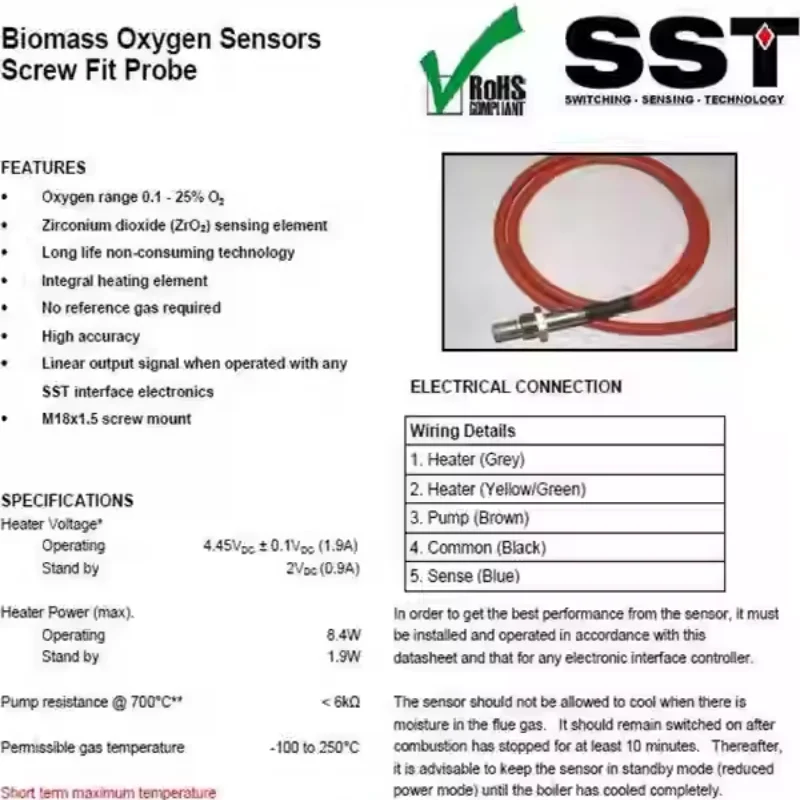 Boiler Control Quality Oxygen Sensor Threaded Interface Zirconia Probe O2S-FR-T2-18BM-C