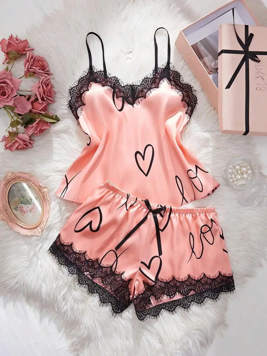 Womens Heart Print Lace Trim Pajama Set Sleeveless Satin Sleepwear
Womens Heart Print Lace Trim Pajama Set Sleeveless Satin Sleepwear