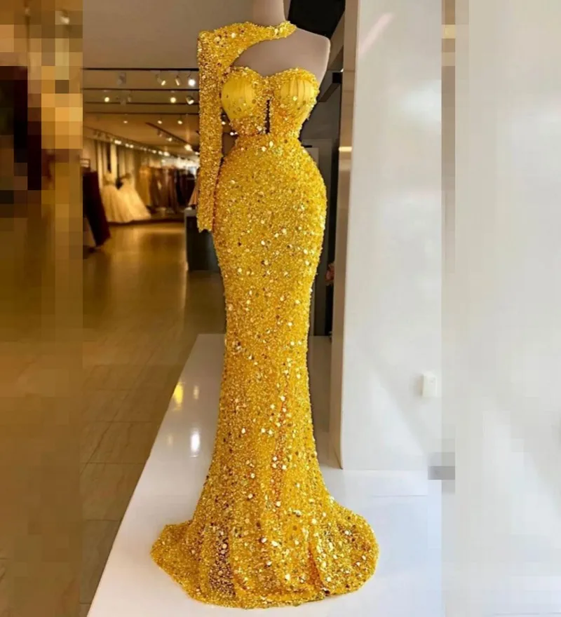 Sparkle Yellow Sequin Evening Dresses African Girls Exquisite One Shoulder Crystals Long Party Gowns Women Luxury Customized
Sparkle Yellow Sequin Evening Dresses African Girls Exquisite One Shoulder Crystals Long Party Gowns Women Luxury Customized