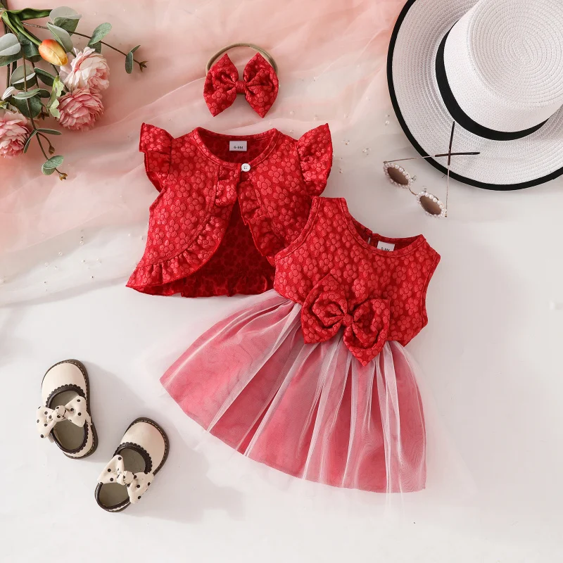 Baby Girl Summer Sleeveless Ruffle Short Jacket Sleeveless Bow Mesh Dress Headband Set
Baby Girl Summer Sleeveless Ruffle Short Jacket Sleeveless Bow Mesh Dress Headband Set