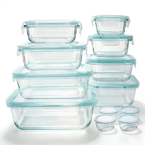 Glass Food Storage Containers Modern Sleek 24 Pcs Set Clear Glass With Light Blue Airtight Snap Lids Leakproof Microwave Oven Safe For Meal Prep Lunch Fruit Pantry Kitchen Storage Housewarming Gift