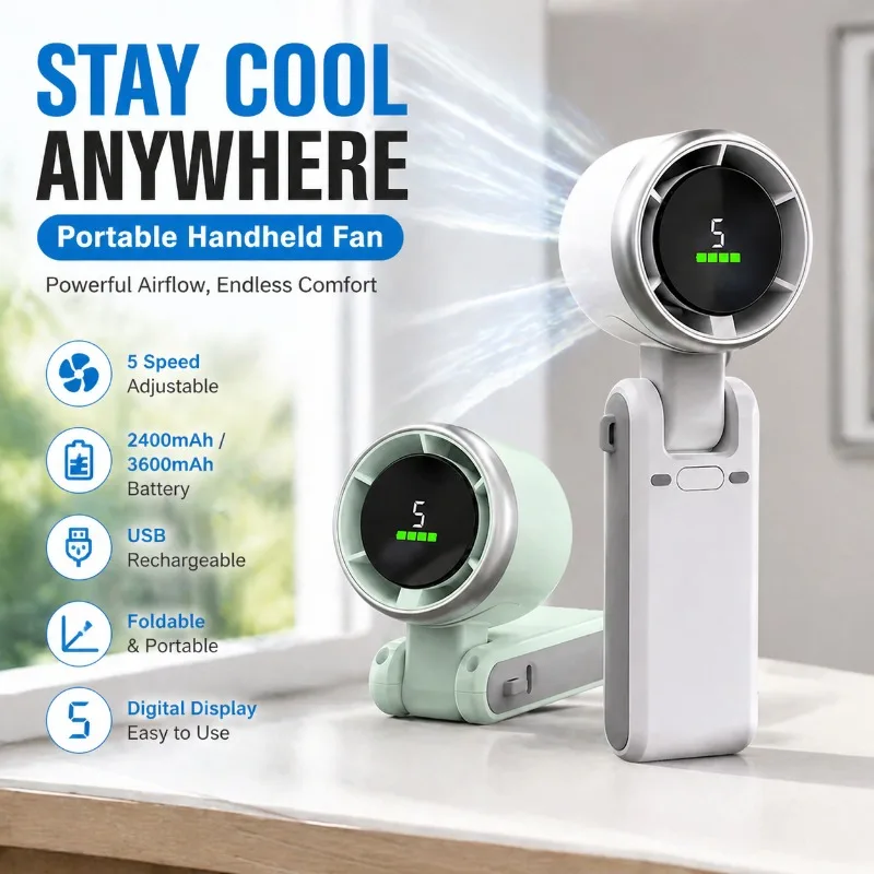 Portable Handheld Fan 18650 2400mAh/3600mAh Battery 5-Speed Foldable Mini Turbine Fan Neck Fan Digital Display USB Rechargeable
Portable Handheld Fan 18650 2400mAh/3600mAh Battery 5-Speed Foldable Mini Turbine Fan Neck Fan Digital Display USB Rechargeable