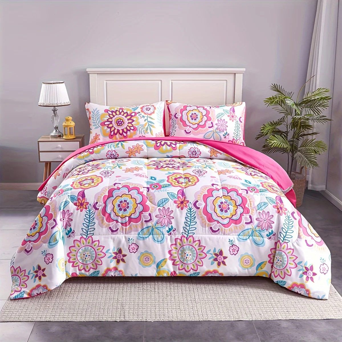 4/5pcs Vibrant Flowers Print Comforter Sets (1*Comforter + 1*Flat Sheet + 1*Fitted Sheet + 1/2*Pillowcase Without Filler)Bed In
4/5pcs Vibrant Flowers Print Comforter Sets (1*Comforter + 1*Flat Sheet + 1*Fitted Sheet + 1/2*Pillowcase Without Filler)Bed In