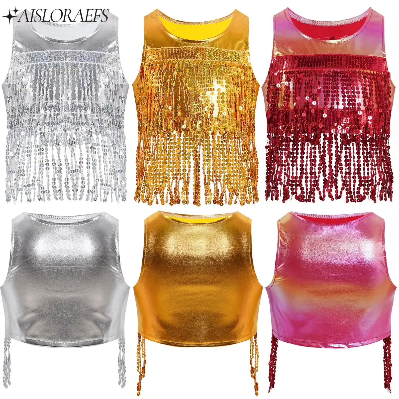 Kids Girls Sparkly Sequined Tassel Vest Dance Cheerleading Stage Performance Costume Sleeveless Metallic Crop Tank Top
Kids Girls Sparkly Sequined Tassel Vest Dance Cheerleading Stage Performance Costume Sleeveless Metallic Crop Tank Top